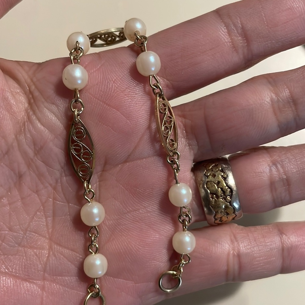 Vintage 1/20 12K GF Gold Fill Faux Pearl Fancy Link Bracelet 7”